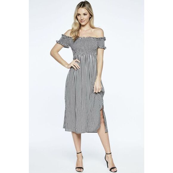 Bardot Cindy Gingham Black & White Off Shoulder Smocked MIDI dress - Picture 2 of 10